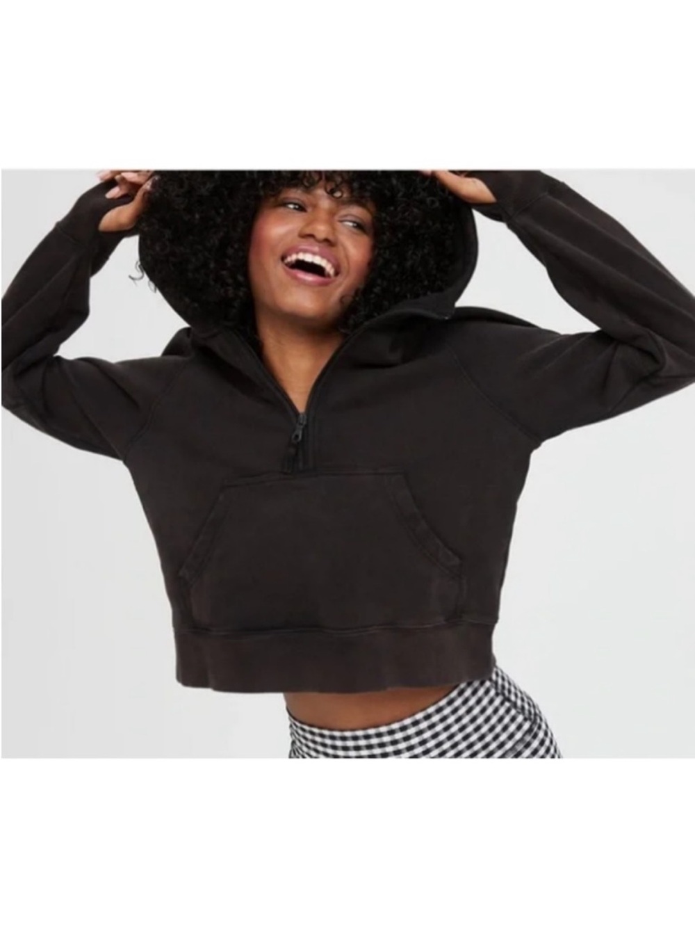 Aerie Offline Cropped Half Zip Hoodie Sweatshirt Washed Black Grey